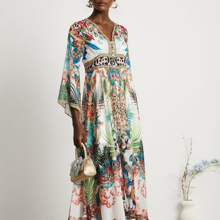 Camilla Multicolor Crystal Embellished V-Neck Midi Dress with Graphic Print and Long Sleeves