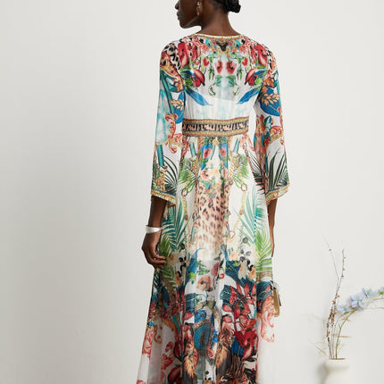 Camilla Multicolor Crystal Embellished V-Neckline Midi Dress with Graphic Print
