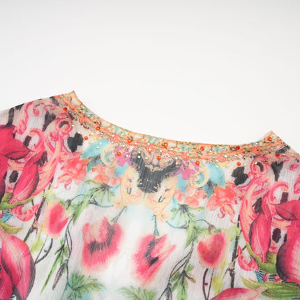 Camilla Multicolor Crystal Embellished V-Neck Midi Dress with Graphic Print and Long Sleeves
