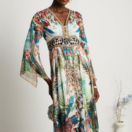 Camilla Multicolor Crystal Embellished V-Neckline Midi Dress with Graphic Print and Long Sleeves