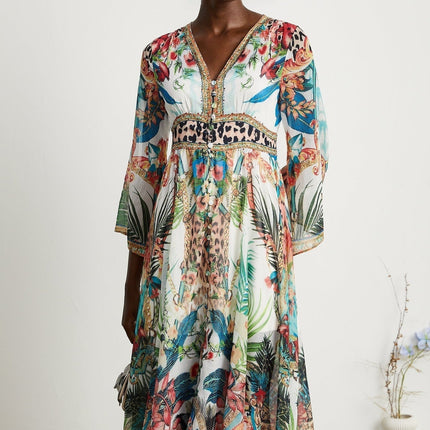 Camilla Multicolor Crystal Embellished V-Neckline Midi Dress with Graphic Print and Long Sleeves