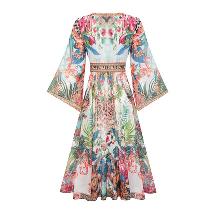 Camilla Multicolor Midi Dress with Crystal Embellishments V-neckline and Graphic Print