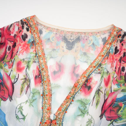 Camilla Multicolor Crystal Embellished Midi Dress with Graphic Print and Long Sleeves