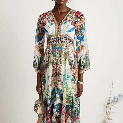 Camilla Multicolor Crystal Embellished V-Neck Midi Dress