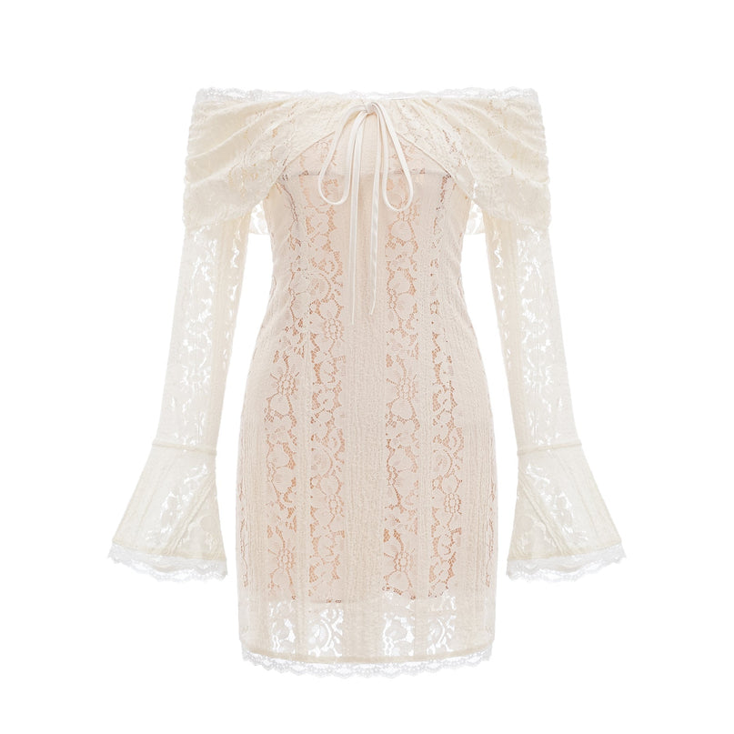 Camilla Mini Dress Neutrals Lace Off-Shoulder Cut-Out Flared Cuffs