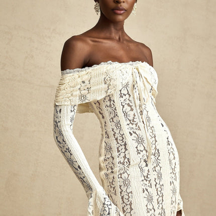 Camilla Mini Dress Neutrals Lace Off Shoulder Cut Out Flared Cuffs