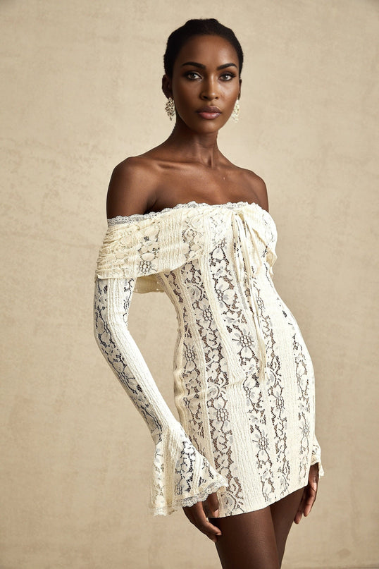 Camilla Mini Dress Neutrals Lace Off Shoulder Cut Out Flared Cuffs