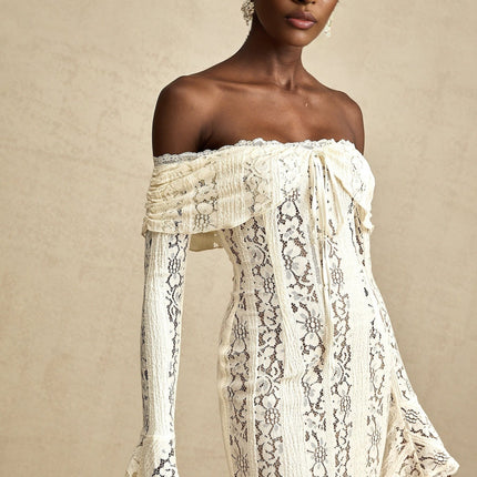 Camilla Mini Dress in Neutrals with Off-the-Shoulder Design and Floral Lace Details