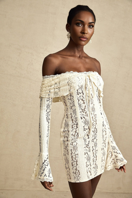 Camilla Mini Dress in Neutrals with Off-the-Shoulder Design and Floral Lace Details
