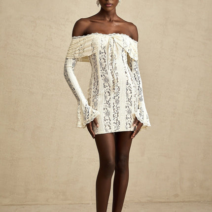 Camilla Mini Dress Neutrals Lace Off Shoulder Cut Out Flared Cuffs
