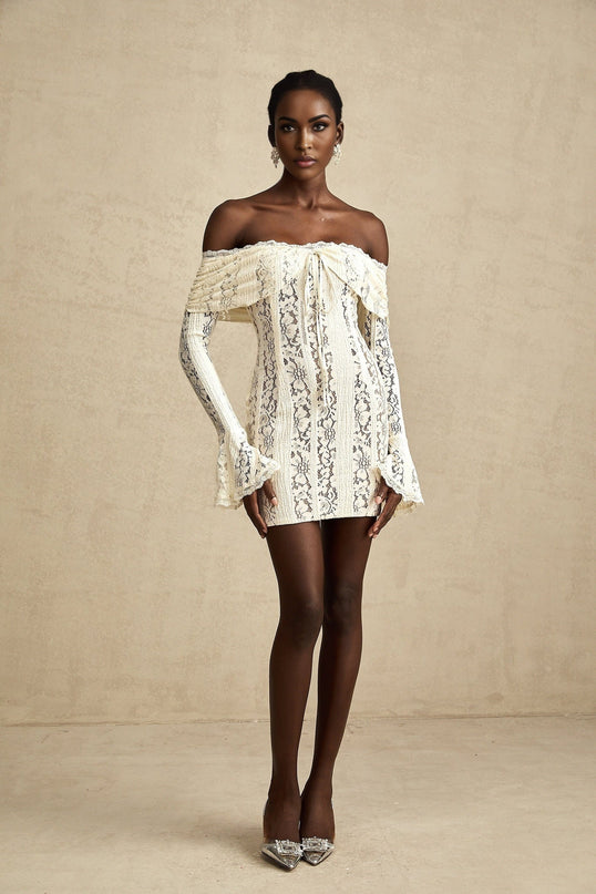 Camilla Mini Dress Neutrals Lace Off Shoulder Cut Out Flared Cuffs