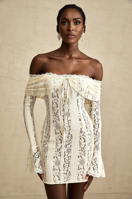 Camilla Mini Dress Neutrals Lace Off-Shoulder Cut-Out Flared Cuffs