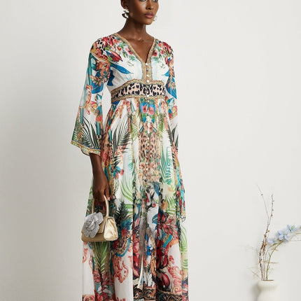 Camilla Multicolor Crystal Embellished V-Neck Midi Dress with Graphic Print and Long Sleeves
