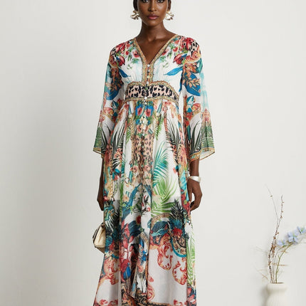 Camilla Multicolor Crystal Embellished V-Neck Midi Dress