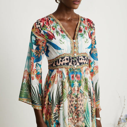 Camilla Multicolor Crystal Embellished V-Neck Midi Dress