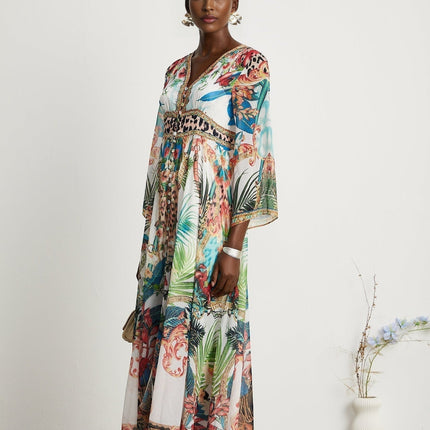 Camilla Multicolor Graphic Print Midi Dress with Crystal Embellishments