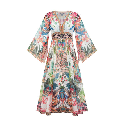 Camilla Multicolor Midi Dress with Crystal Embellishments V-Neckline Graphic Print Long Sleeves