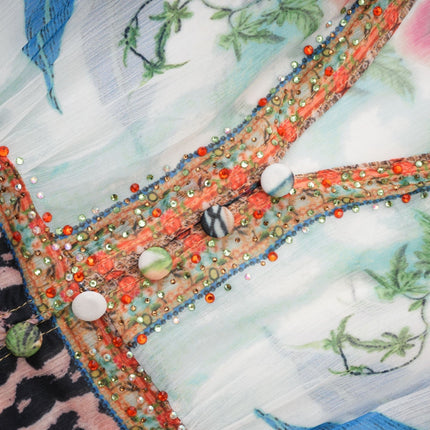Camilla Multicolor Midi Dress with Crystal Embellishments V-neckline and Graphic Print
