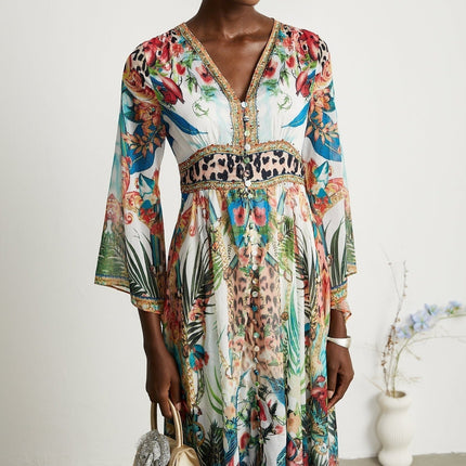 Camilla Multicolor Midi Dress with Crystal Embellishments V-neckline and Graphic Print