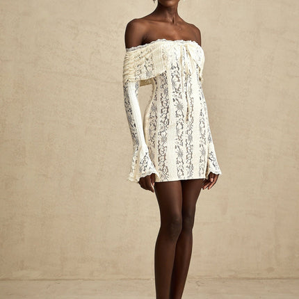 Camilla Neutrals Lace Mini Dress Off-Shoulder Cut-Out Flared Cuffs