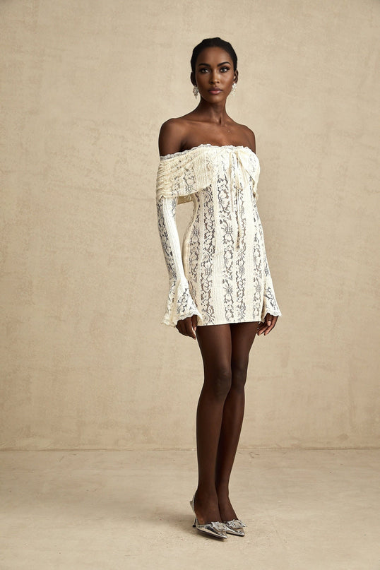 Camilla Neutrals Lace Mini Dress Off-Shoulder Cut-Out Flared Cuffs