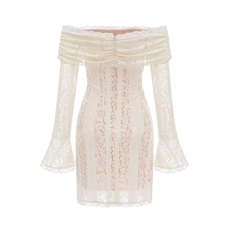 Camilla Neutrals Lace Mini Dress Off Shoulder Cut Out Flared Cuffs Straight Hem