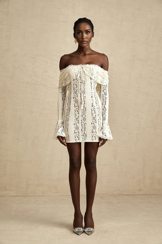Camilla Neutrals Lace Off-Shoulder Mini Dress