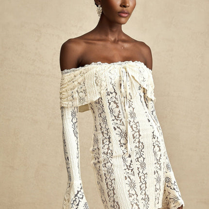 Camilla Neutrals Mini Dress with Floral Lace and Off-the-Shoulder Design