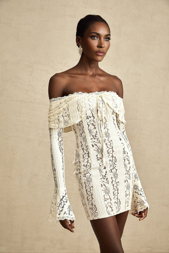 Camilla Neutrals Mini Dress with Floral Lace and Off-the-Shoulder Design