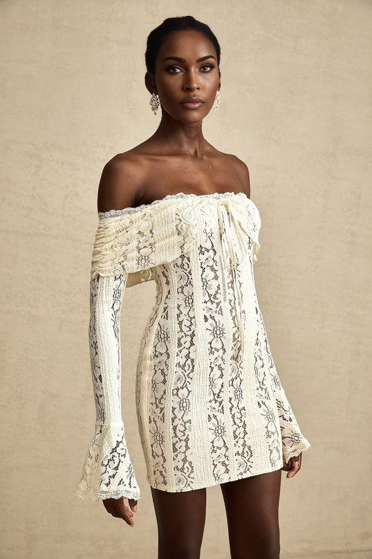 Camilla Neutrals Mini Dress with Floral Lace and Off-the-Shoulder Design