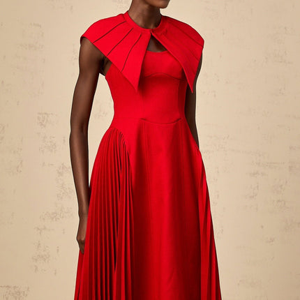 Camilla Red Midi Dress with Detachable Cape and Pleated Detailing