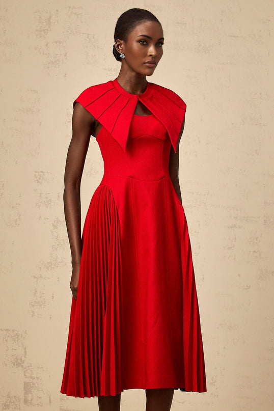 Camilla Red Midi Dress with Detachable Cape and Pleated Detailing