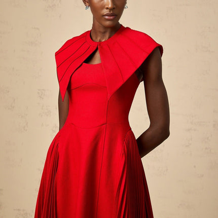 Camilla Red Midi Dress Pleated Elegance Detachable Cape Twill Weave Spaghetti Straps Sleeveless Rear Zip Fastening Calf-length Terylene Fiber Composition Special Occasions
