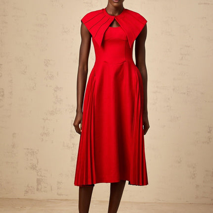 Camilla Red Midi Dress with Detachable Cape and Pleated Detailing