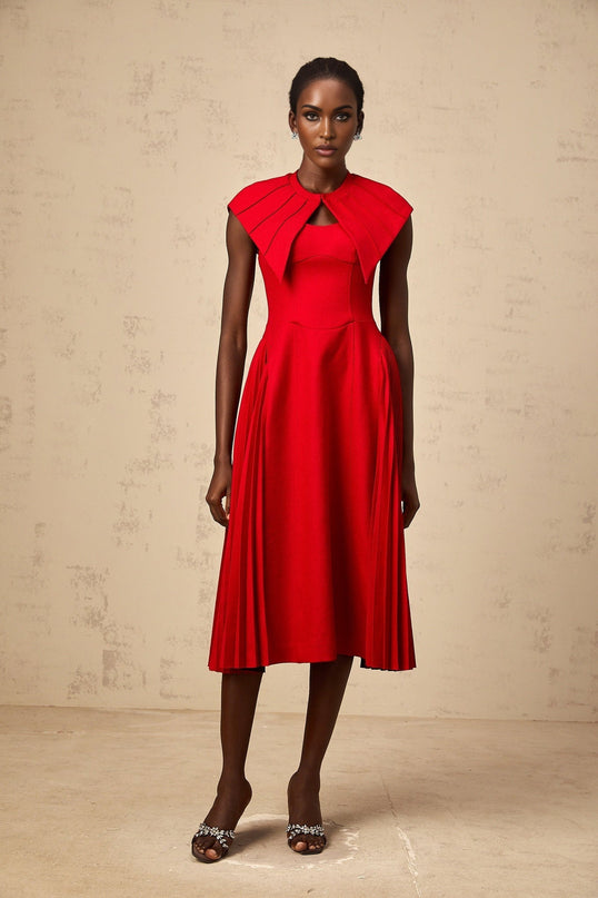 Camilla Red Midi Dress with Detachable Cape and Pleated Detailing