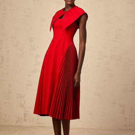Camilla Red Pleated Midi Dress with Detachable Cape