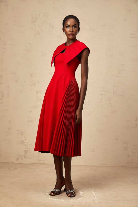 Camilla Red Pleated Midi Dress with Detachable Cape