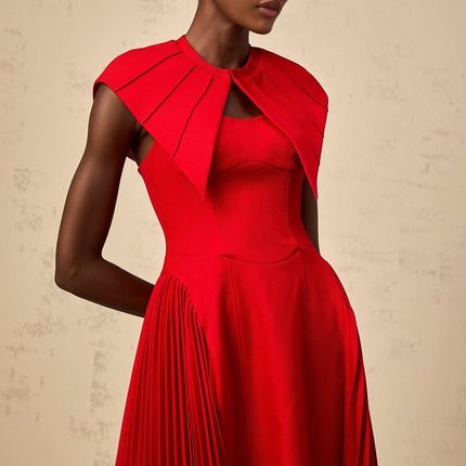 Camilla Red Pleated Midi Dress with Detachable Cape