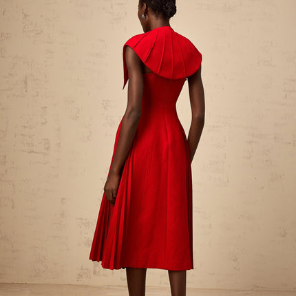 Camilla Red Pleated Midi Dress with Detachable Cape