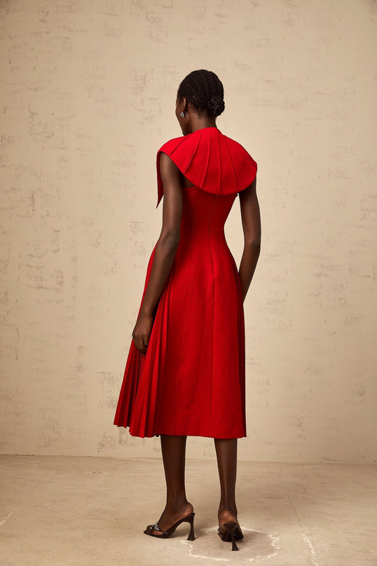 Camilla Red Pleated Midi Dress with Detachable Cape