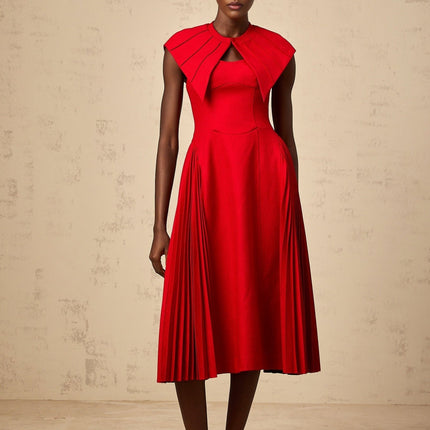 Camilla Red Pleated Midi Dress with Detachable Cape