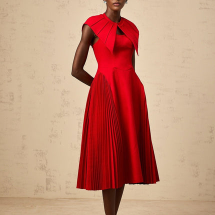 Camilla Red Pleated Midi Dress with Detachable Cape and Spaghetti Straps