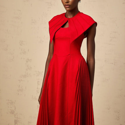 Camilla Red Pleated Midi Dress with Detachable Cape and Spaghetti Straps