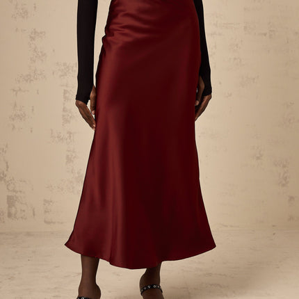 Camilla Satin Flared Twill Calf Length Skirt in Wine Red
