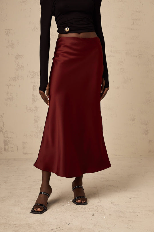 Camilla Satin Flared Twill Calf Length Skirt in Wine Red
