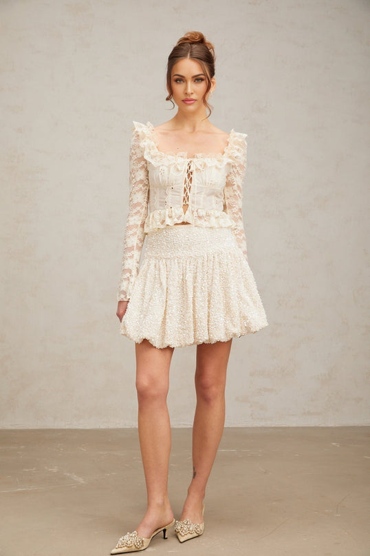 Camilla White Sequin Mini Dress with Pleated Detailing