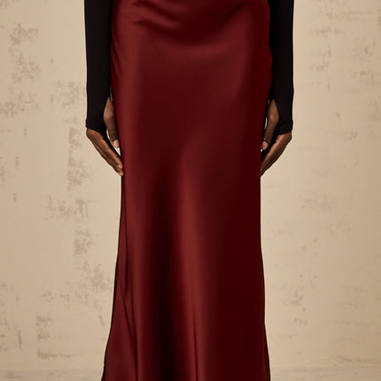 Camilla Wine Red Satin Flared Twill Calf Length Skirt