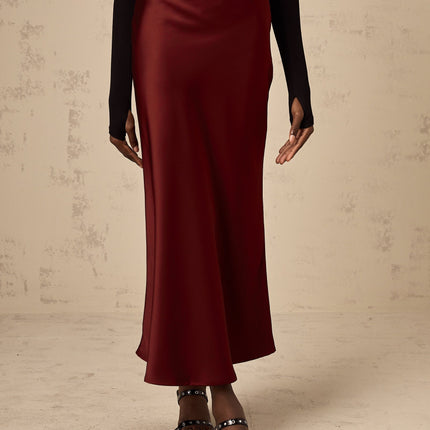 Camilla Wine Red Satin Flared Twill Calf Length Skirt
