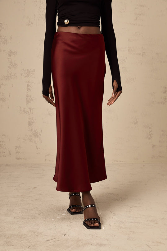 Camilla Wine Red Satin Flared Twill Calf Length Skirt