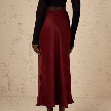 Camilla Wine Red Satin Flared Twill Calf Length Skirt